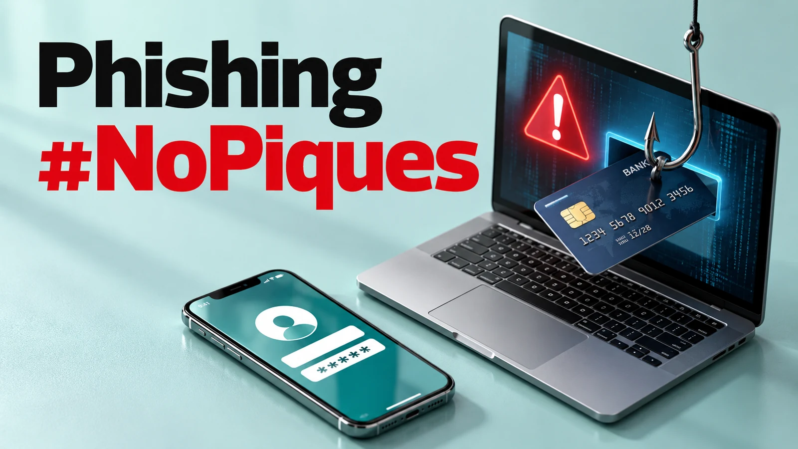 Campaña visual de concienciación: Phishing, No Piques, con un anzuelo junto a un portátil y un teléfono.