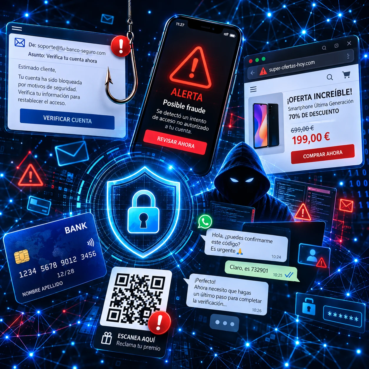 Ilustración conceptual de amenazas de phishing en correo, móvil, mensajería y códigos QR.